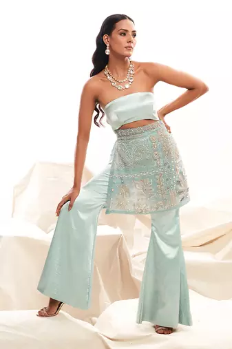 Blue silk embroidery pearl straight kurta set