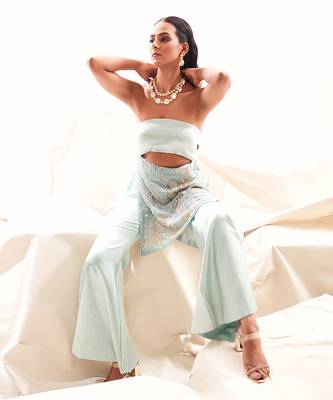 Blue silk embroidery pearl straight kurta set 3