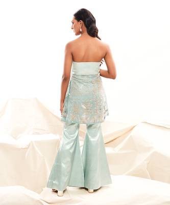 Blue silk embroidery pearl straight kurta set 5