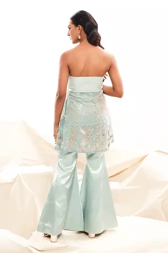 Blue silk embroidery pearl straight kurta set