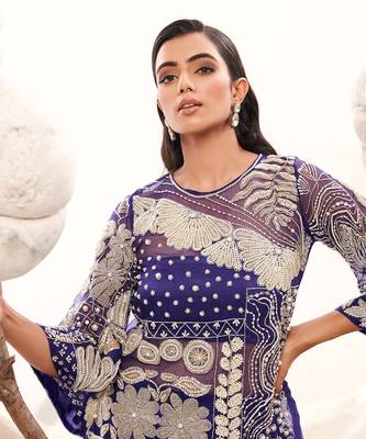 Blue silk embroidery floral kurta set 2