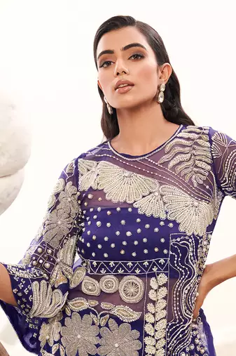 Blue silk embroidery floral kurta set