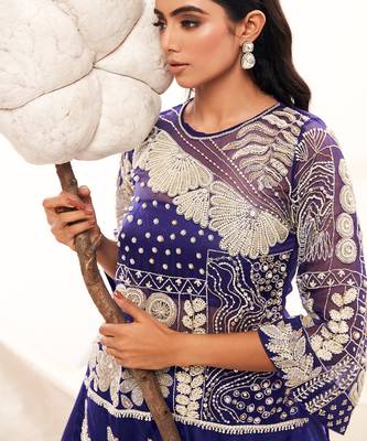 Blue silk embroidery floral kurta set 3