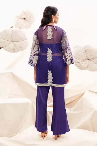 Blue silk embroidery floral kurta set