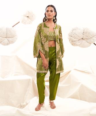 Green silk embroidery sequin jacket floral dhoti pant set 1