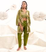 Green silk embroidery sequin jacket floral dhoti pant set