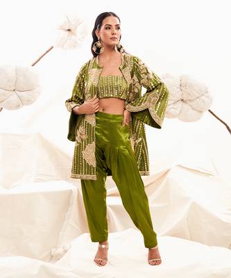 Green silk embroidery sequin jacket floral dhoti pant set 2