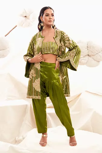 Green silk embroidery sequin jacket floral dhoti pant set