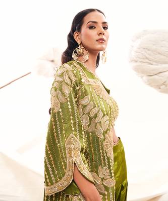Green silk embroidery sequin jacket floral dhoti pant set 3
