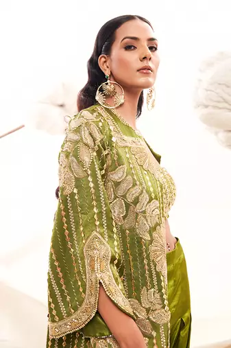 Green silk embroidery sequin jacket floral dhoti pant set