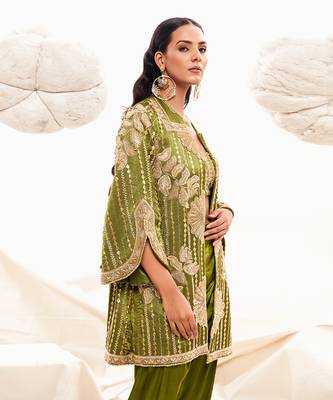Green silk embroidery sequin jacket floral dhoti pant set 4