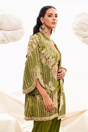 Green silk embroidery sequin jacket floral dhoti pant set