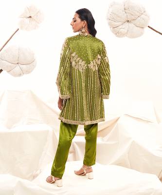 Green silk embroidery sequin jacket floral dhoti pant set 5