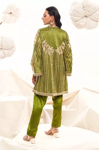 Green silk embroidery sequin jacket floral dhoti pant set