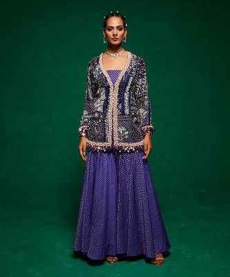 Blue organza embroidery jacket kurta and sharara set 1