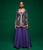 Blue organza embroidery jacket kurta and sharara set
