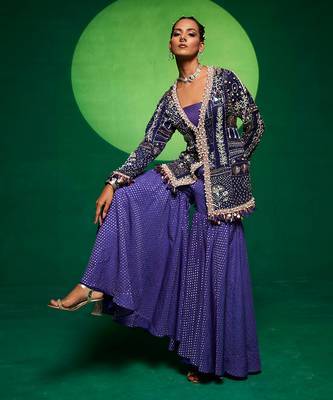 Blue organza embroidery jacket kurta and sharara set 2