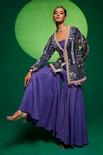 Blue organza embroidery jacket kurta and sharara set