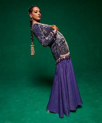 Blue organza embroidery jacket kurta and sharara set 3