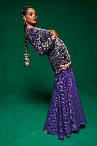 Blue organza embroidery jacket kurta and sharara set