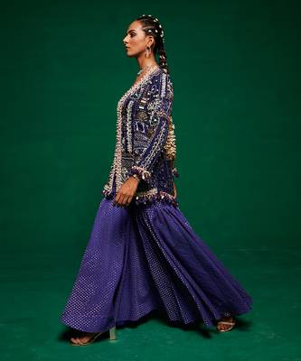 Blue organza embroidery jacket kurta and sharara set 4
