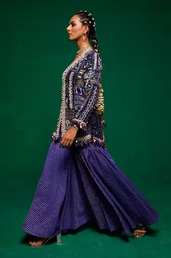 Blue organza embroidery jacket kurta and sharara set