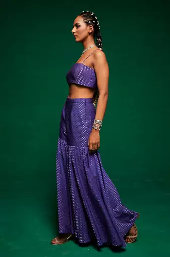 Blue organza embroidery jacket kurta and sharara set
