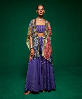 Purple chanderi printed abstract cape open sharara set 1