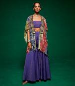 Purple chanderi printed abstract cape open sharara set