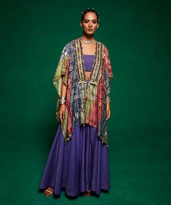 Purple chanderi printed abstract cape open sharara set 2