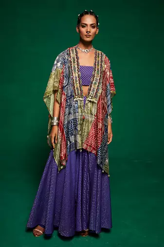 Purple chanderi printed abstract cape open sharara set