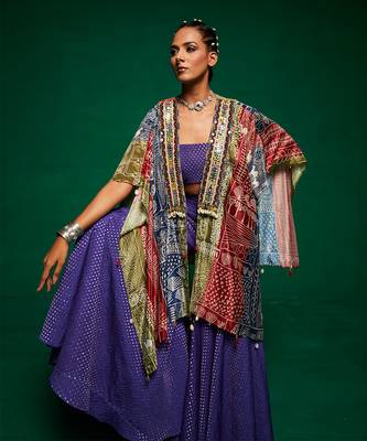 Purple chanderi printed abstract cape open sharara set 3