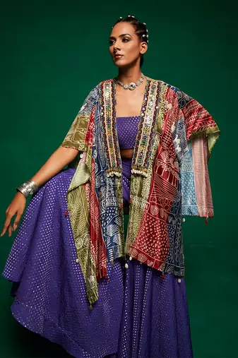 Purple chanderi printed abstract cape open sharara set