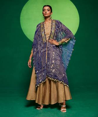Blue georgette printed geometric cape open and flared pant set 1