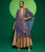 Blue georgette printed geometric cape open and flared pant set