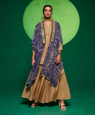 Blue georgette printed geometric cape open and flared pant set 2