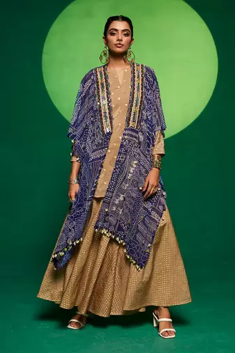 Blue georgette printed geometric cape open and flared pant set