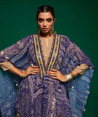 Blue georgette printed geometric cape open and flared pant set 4