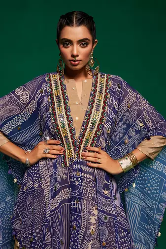 Blue georgette printed geometric cape open and flared pant set