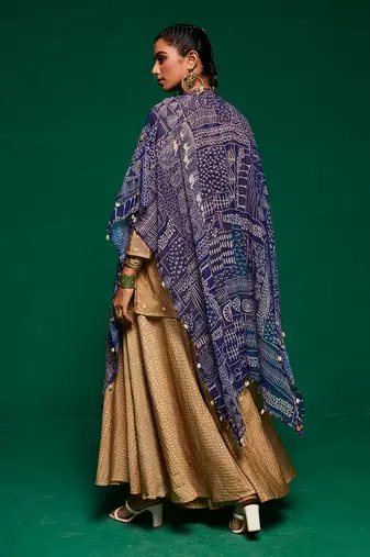 Blue georgette printed geometric cape open and flared pant set