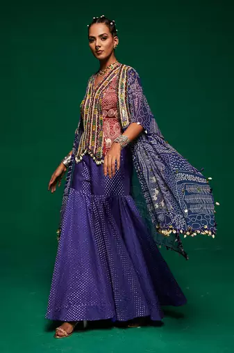 Purple muslin printed geometric sharara set