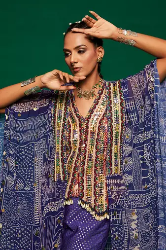 Purple muslin printed geometric sharara set