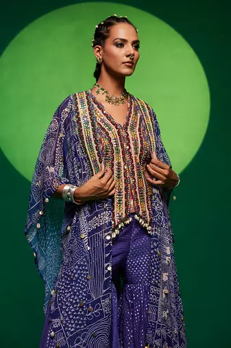 Purple muslin printed geometric sharara set