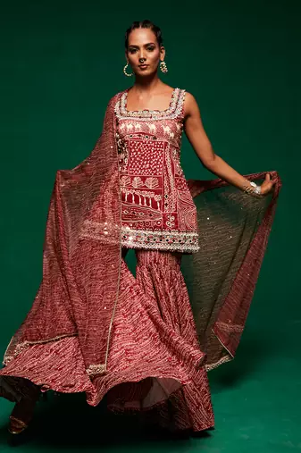 Brown muslin printed kurta sharara set