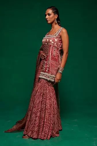 Brown muslin printed kurta sharara set