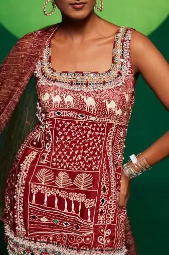 Brown muslin printed kurta sharara set