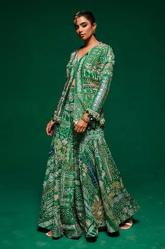 Green muslin printed sharara set