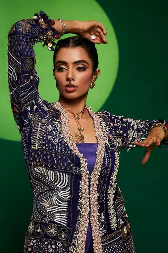 Blue organza embroidery  kurta set