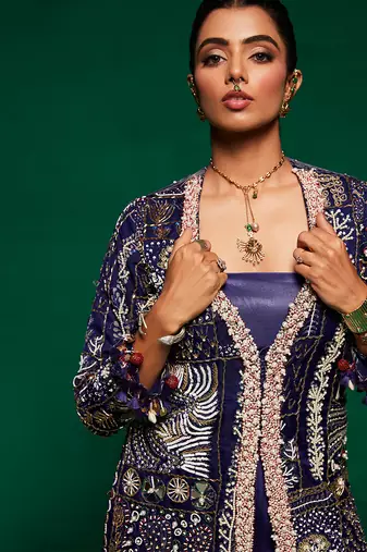 Blue organza embroidery  kurta set