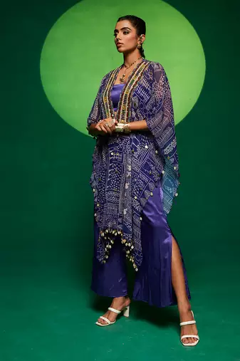 Purple silk printed geometric pant set
